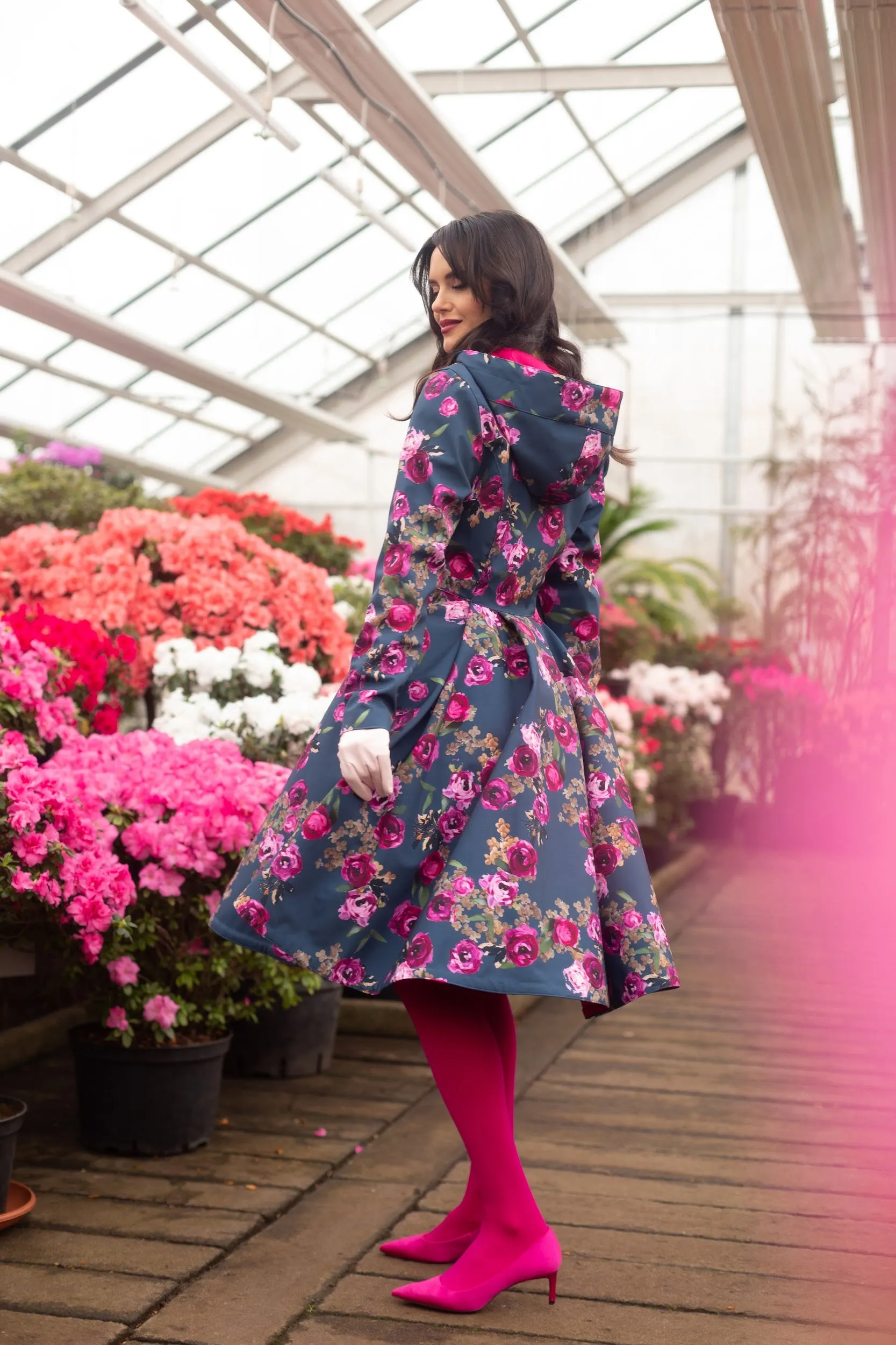 Fit and Flare Coat with Pleated Back in Blue and Pink | 'Misty Rose'