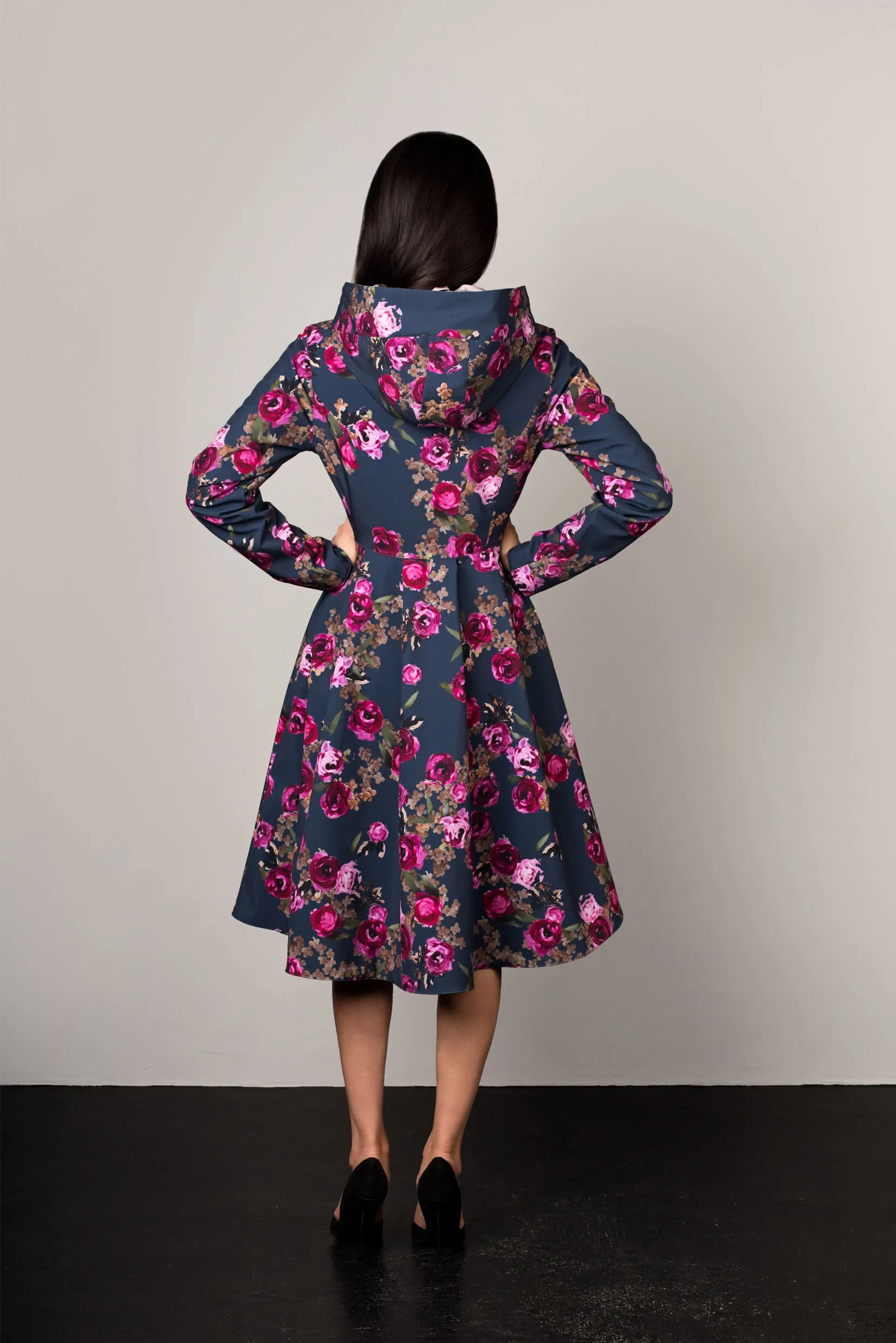 Fit and Flare Coat with Pleated Back in Blue and Pink | 'Misty Rose'