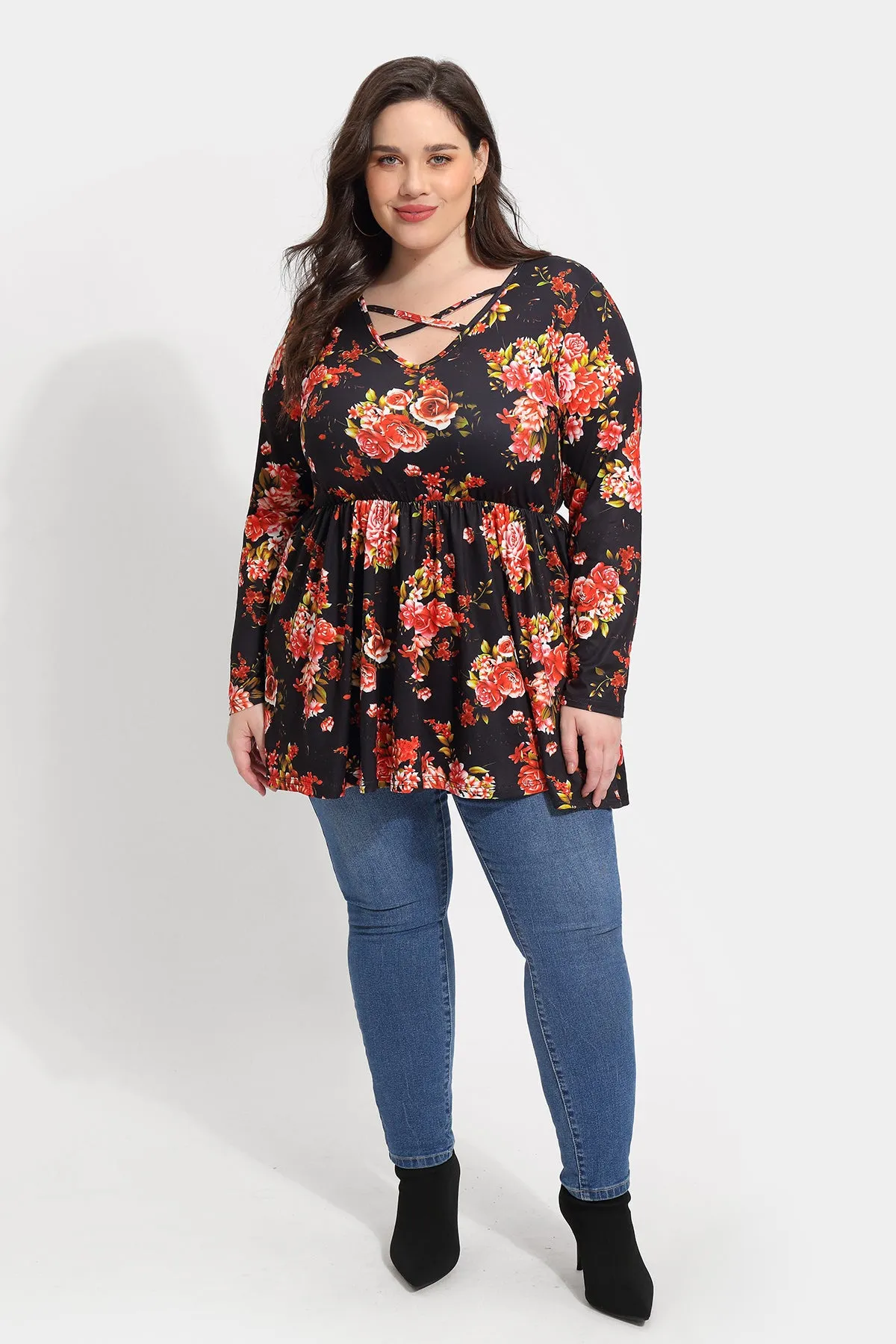 Floral Crisscross V Neck Pleated Tunic Shirt