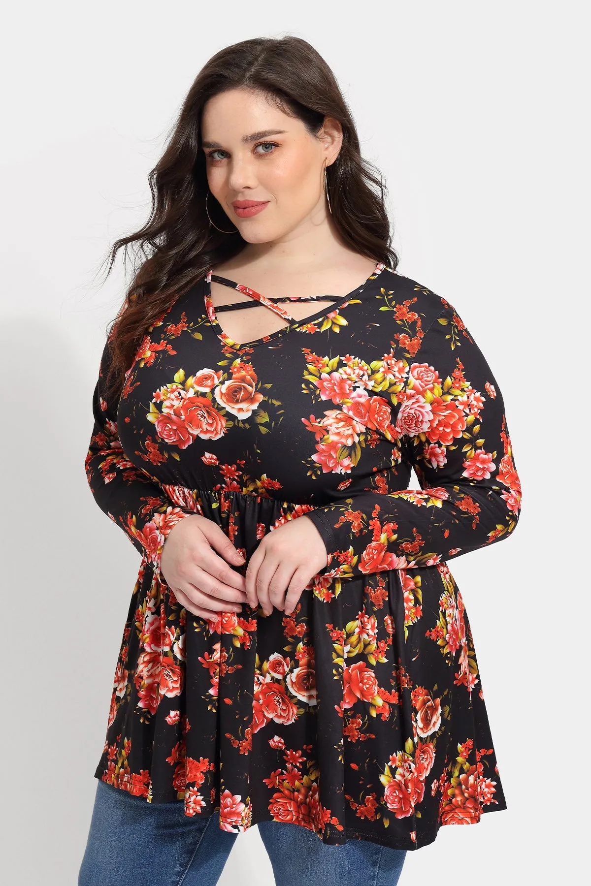 Floral Crisscross V Neck Pleated Tunic Shirt