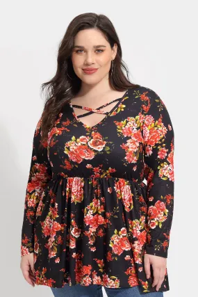 Floral Crisscross V Neck Pleated Tunic Shirt