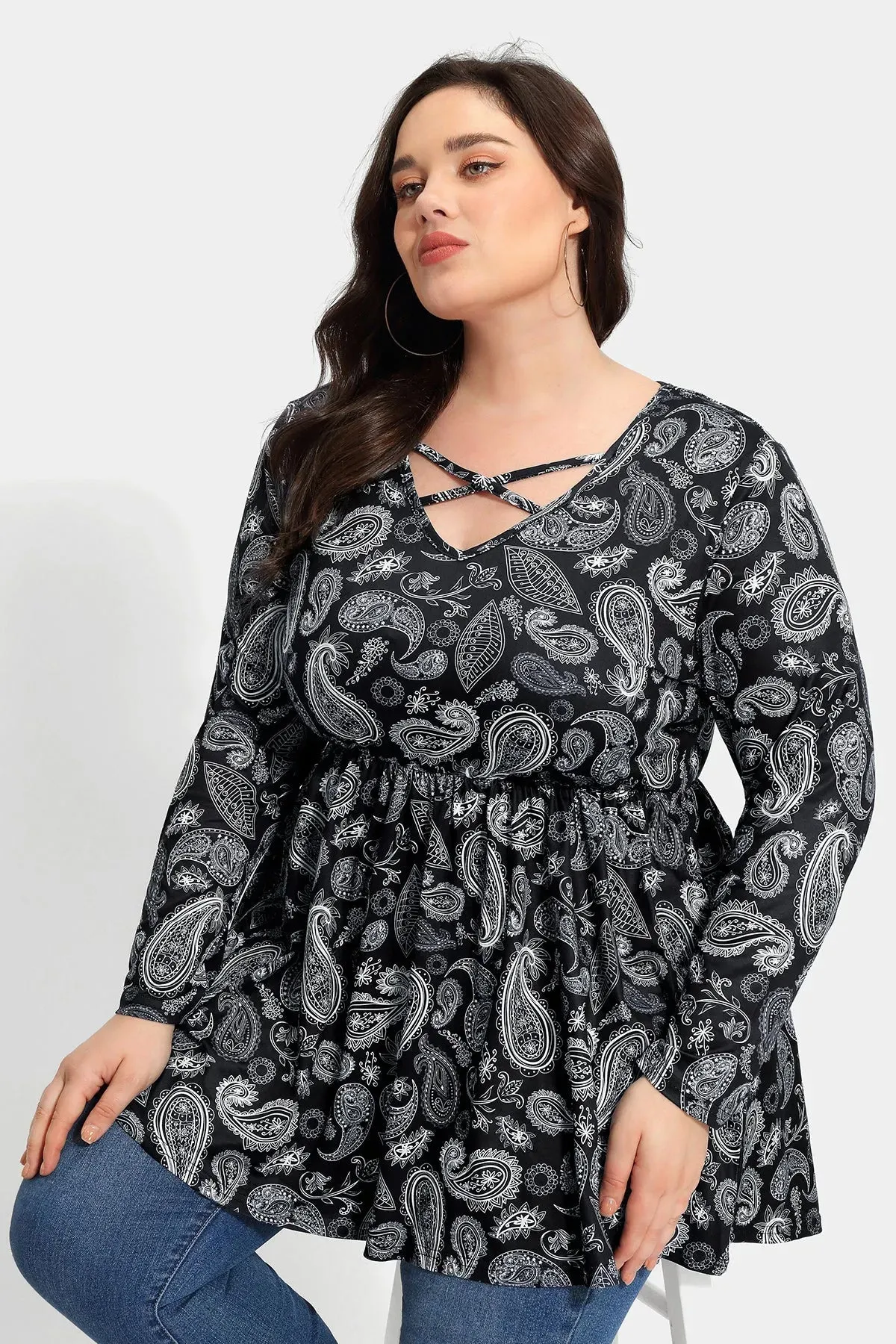 Floral Crisscross V-neck Pleated Tunic Shirt