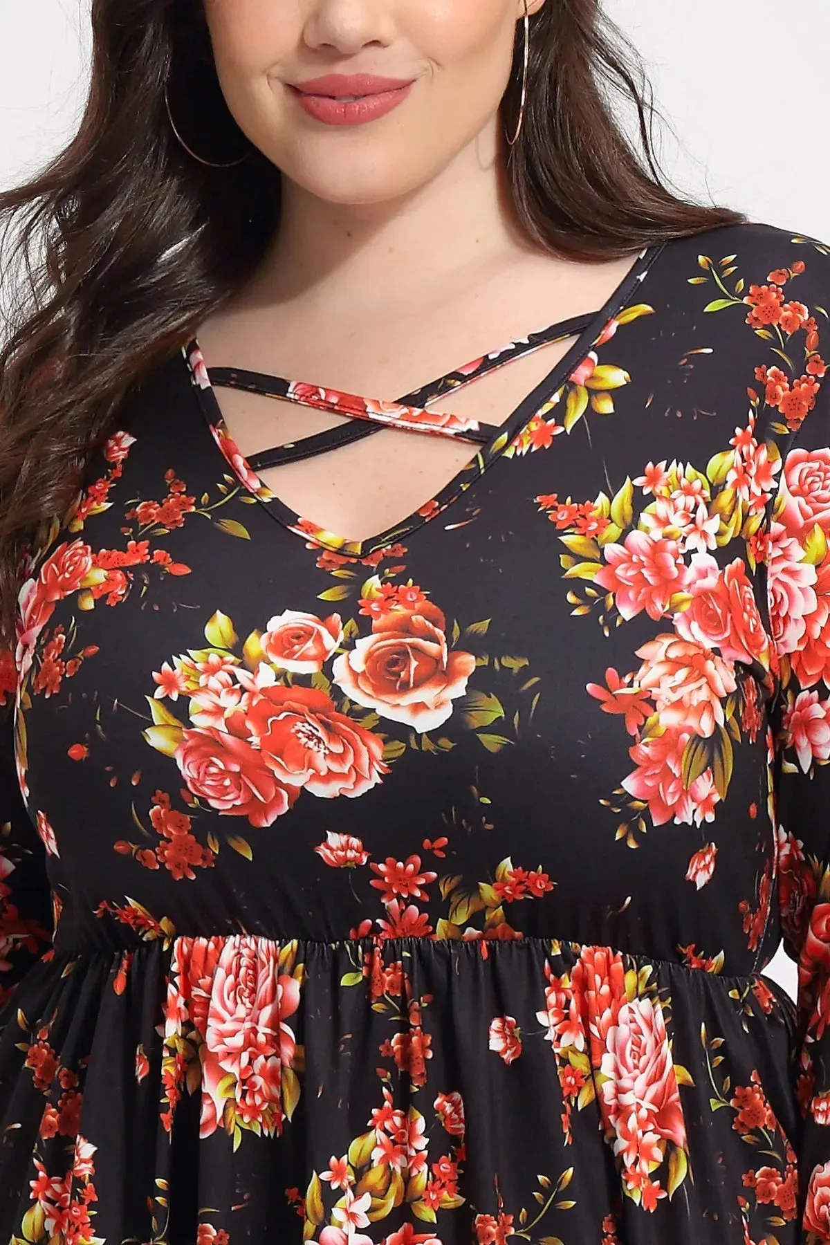 Floral Crisscross V Neck Pleated Tunic Shirt