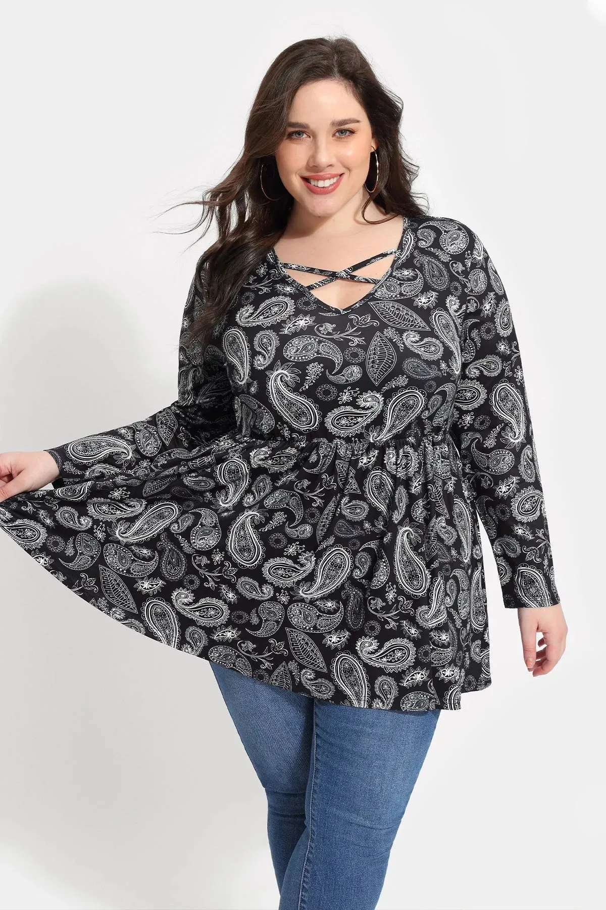 Floral Crisscross V-neck Pleated Tunic Shirt