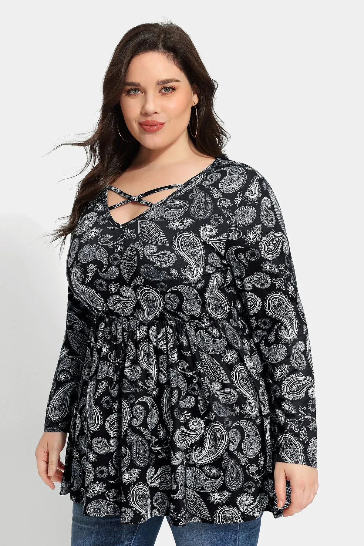 Floral Crisscross V-neck Pleated Tunic Shirt