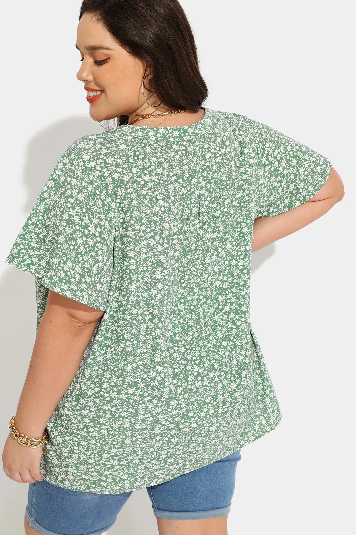 Floral Drawstring V Neck Pleated Blouse