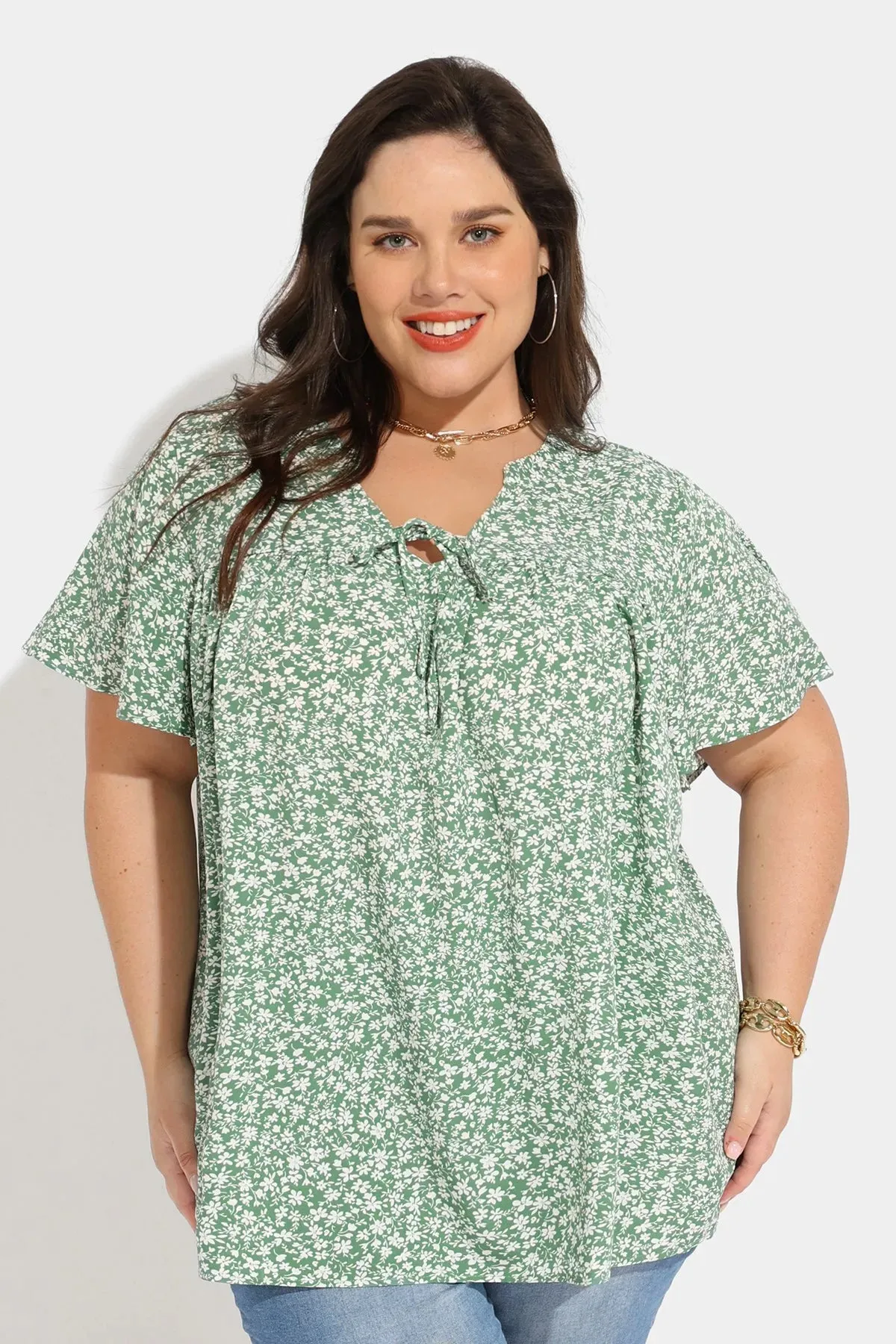 Floral Drawstring V Neck Pleated Blouse