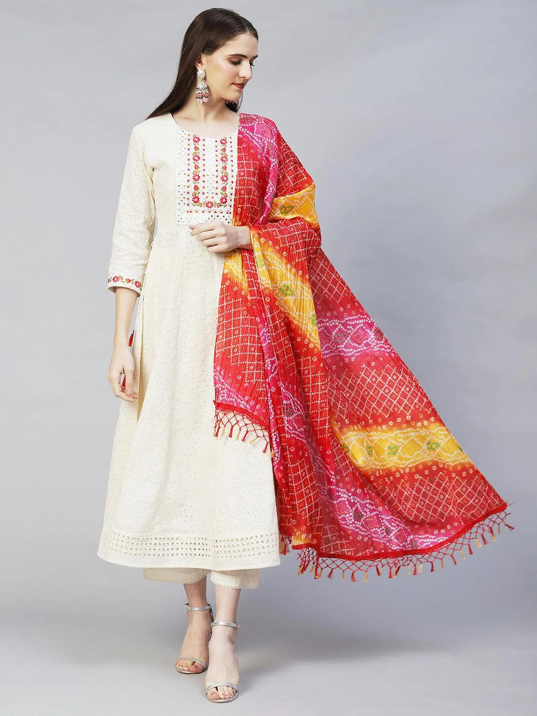 Floral Embroidered Anarkali Kurta with Pants & Dupatta - Off White