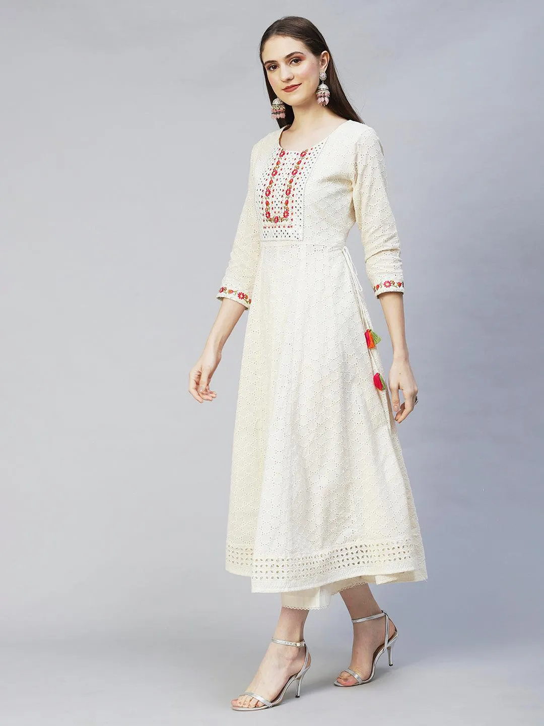 Floral Embroidered Anarkali Kurta with Pants & Dupatta - Off White