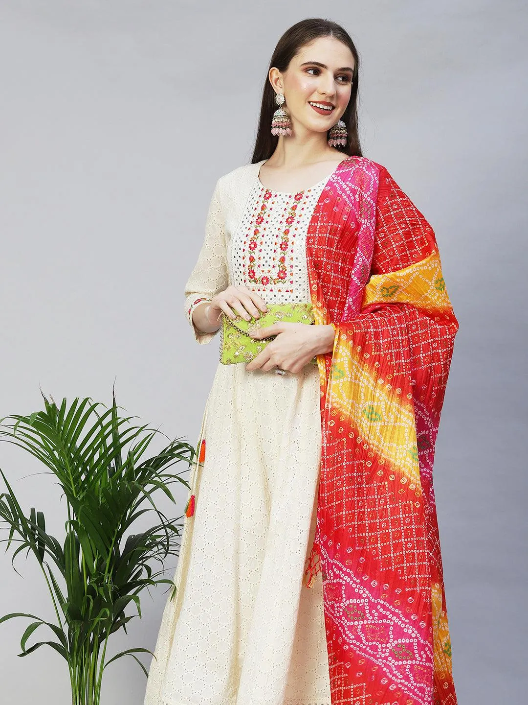 Floral Embroidered Anarkali Kurta with Pants & Dupatta - Off White