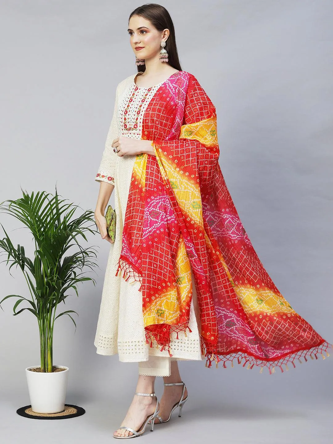 Floral Embroidered Anarkali Kurta with Pants & Dupatta - Off White