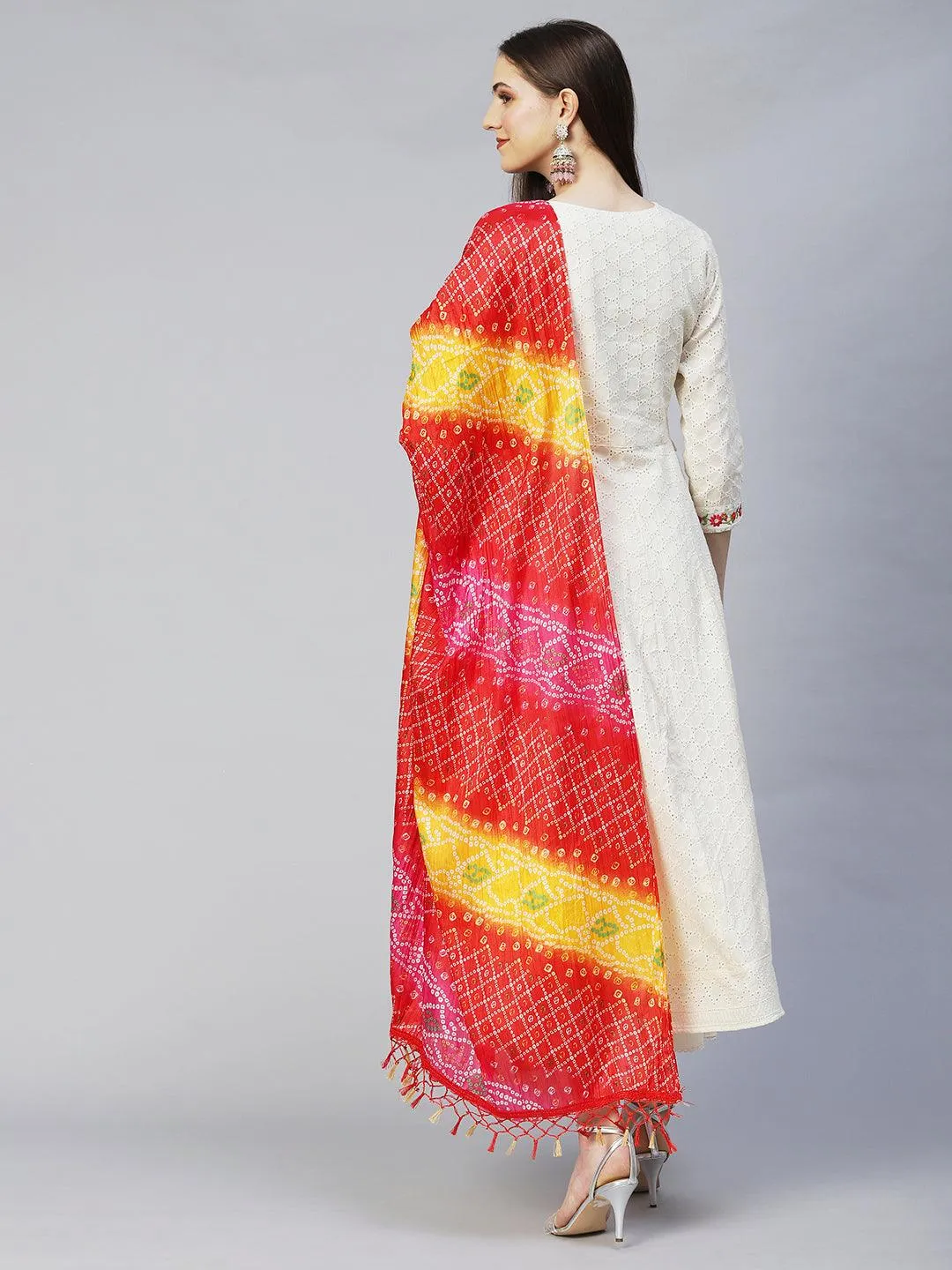 Floral Embroidered Anarkali Kurta with Pants & Dupatta - Off White