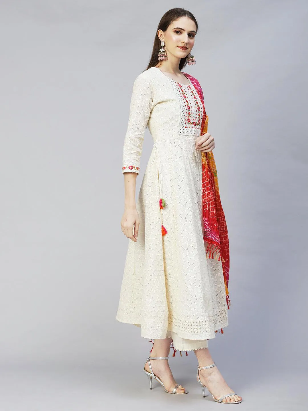 Floral Embroidered Anarkali Kurta with Pants & Dupatta - Off White