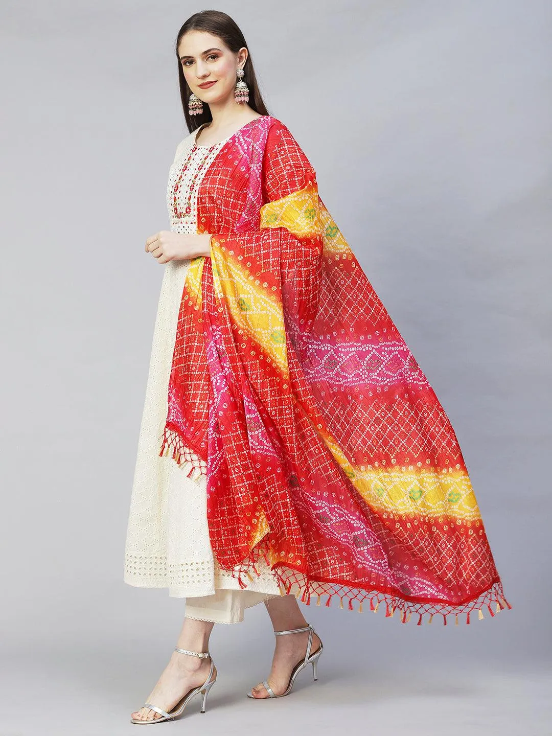 Floral Embroidered Anarkali Kurta with Pants & Dupatta - Off White