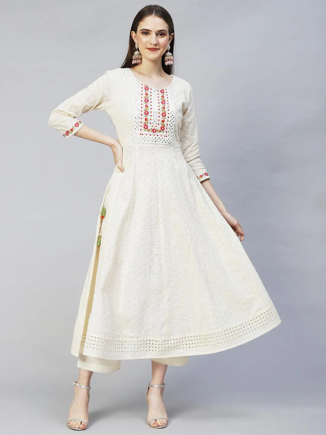 Floral Embroidered Anarkali Kurta with Pants & Dupatta - Off White