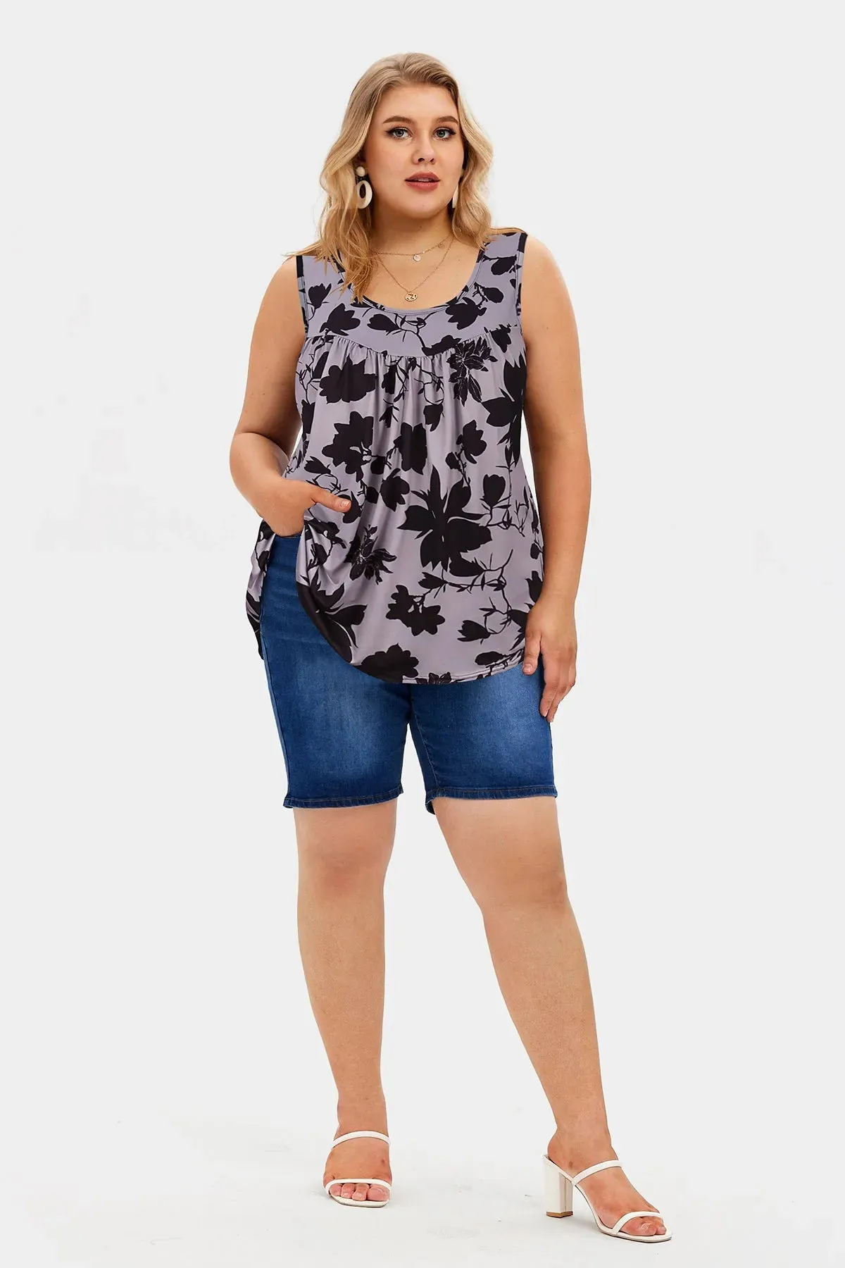 Floral Resort Outfit Pleated Tunic Tank Top