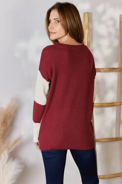 Full Size Color Block Dropped Shoulder Knit Top