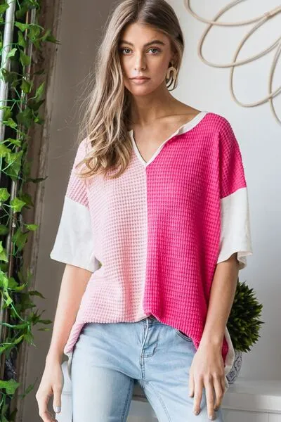 Full Size Contrast Waffle-Knit Half Sleeve Blouse