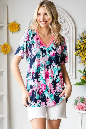 Full Size Floral V-Neck Short Sleeve T-Shirt