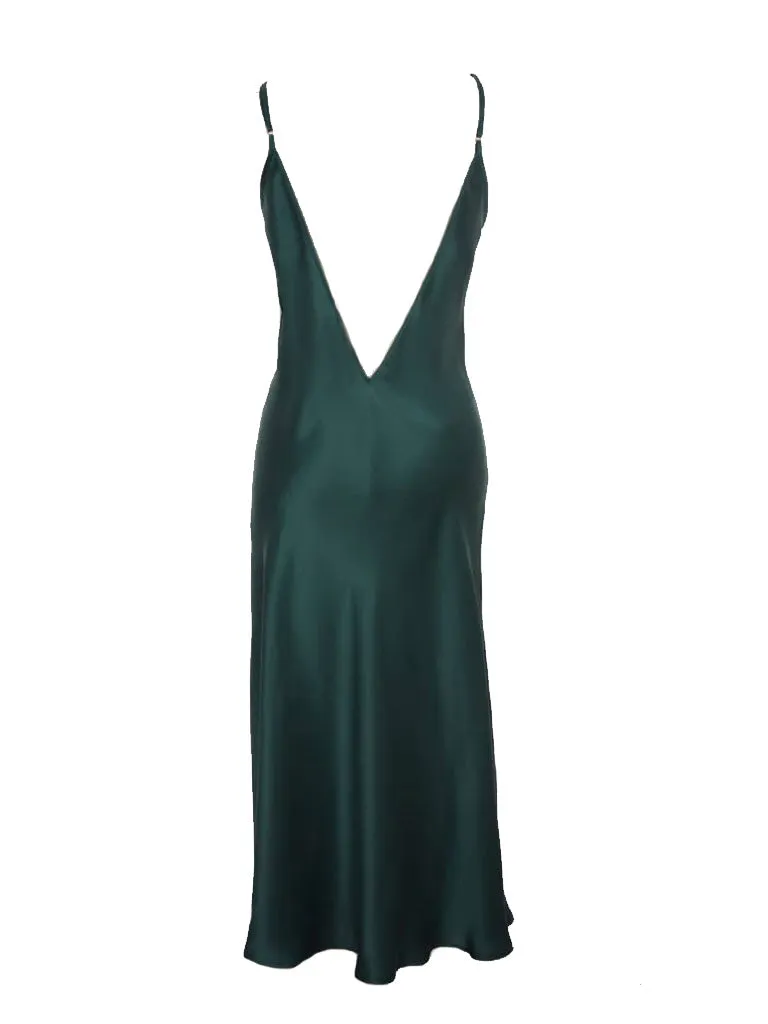 Gaia Deep V Silk Dress Nightie Forest Green