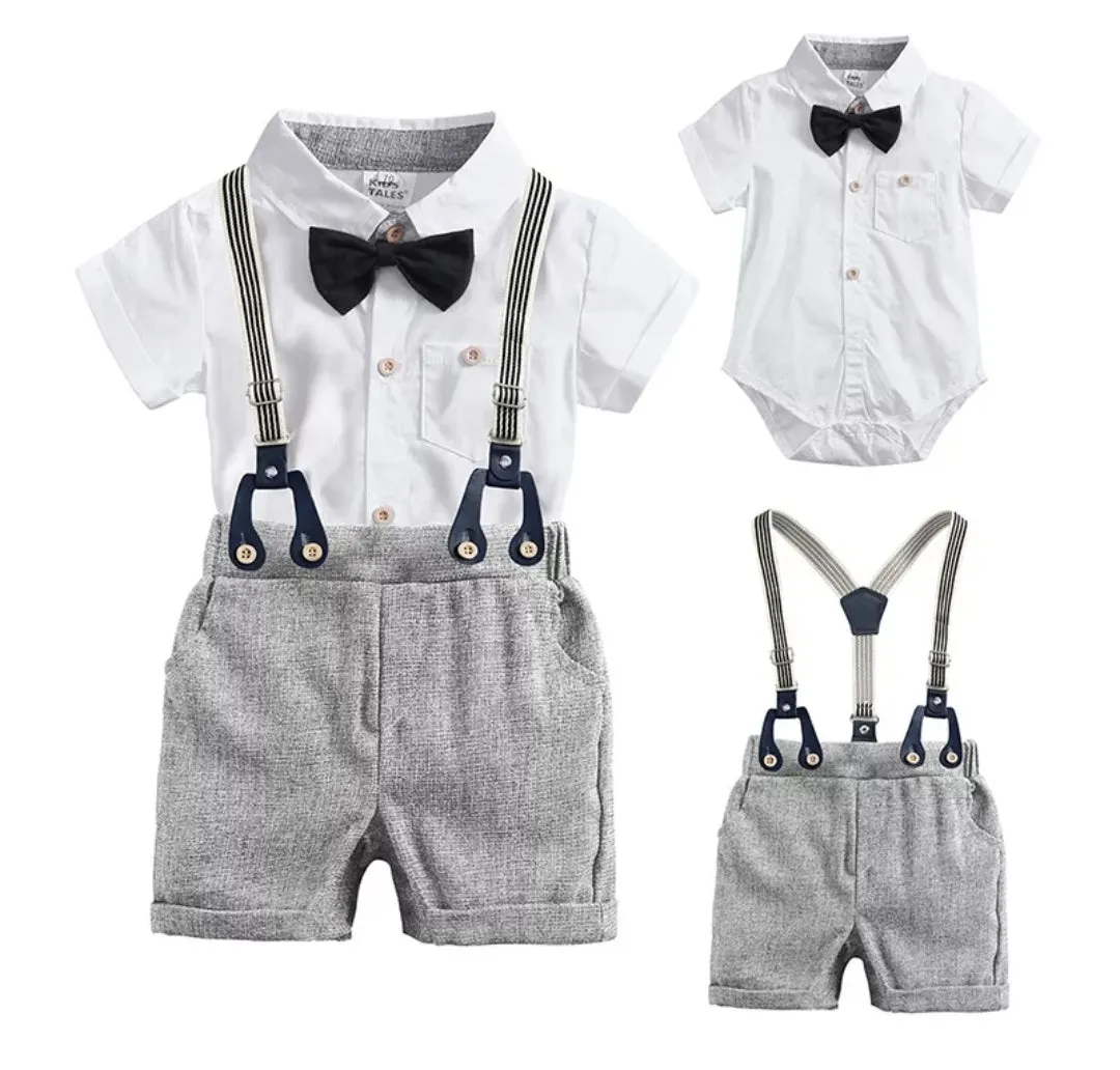 Gentleman Suit White Short Sleeve Shirts with Shorts, Suspenders and Bowtie #200069