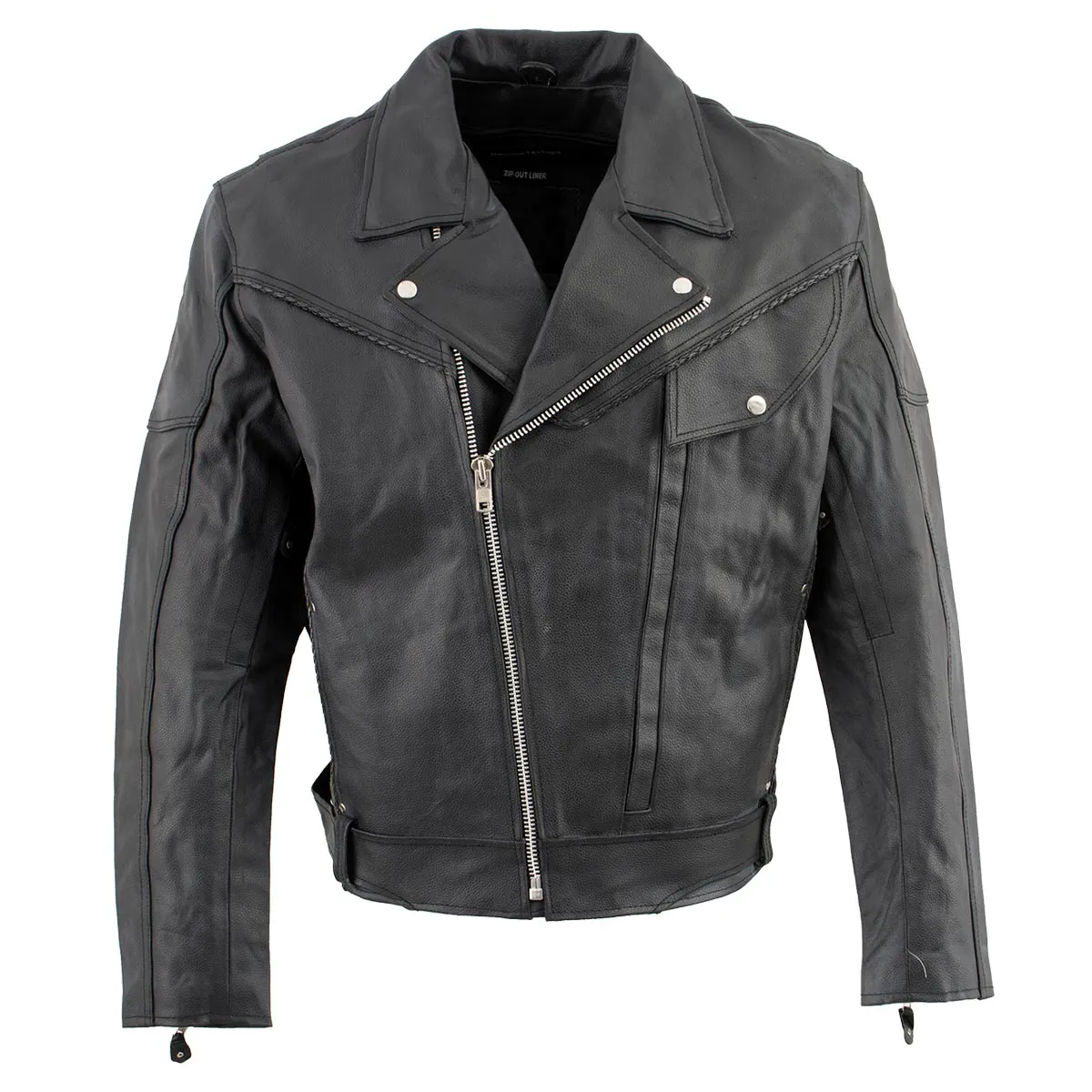 Genuine Leather EL1055 Men's Black Classic Vented ‘Braided’ Moto Jacket with Utility Pocket