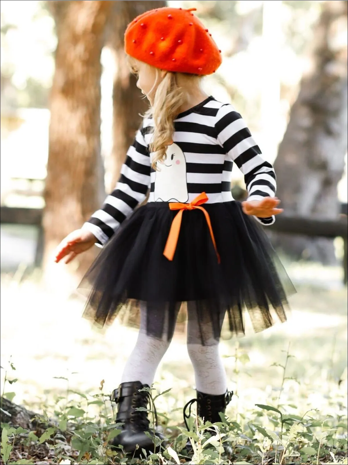 Girls Halloween Themed Long Sleeve Striped Ghost Print Tutu Dress