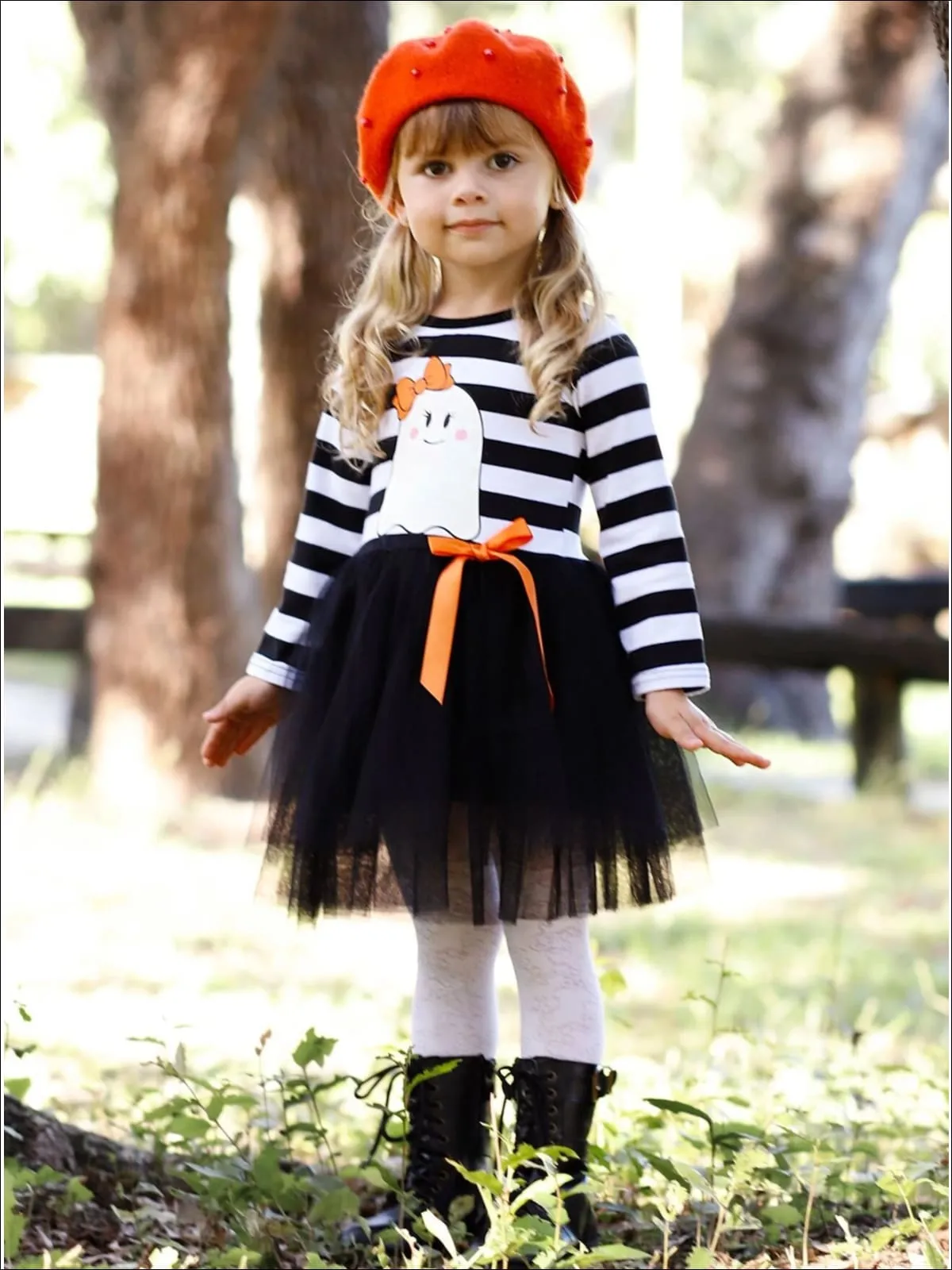 Girls Halloween Themed Long Sleeve Striped Ghost Print Tutu Dress