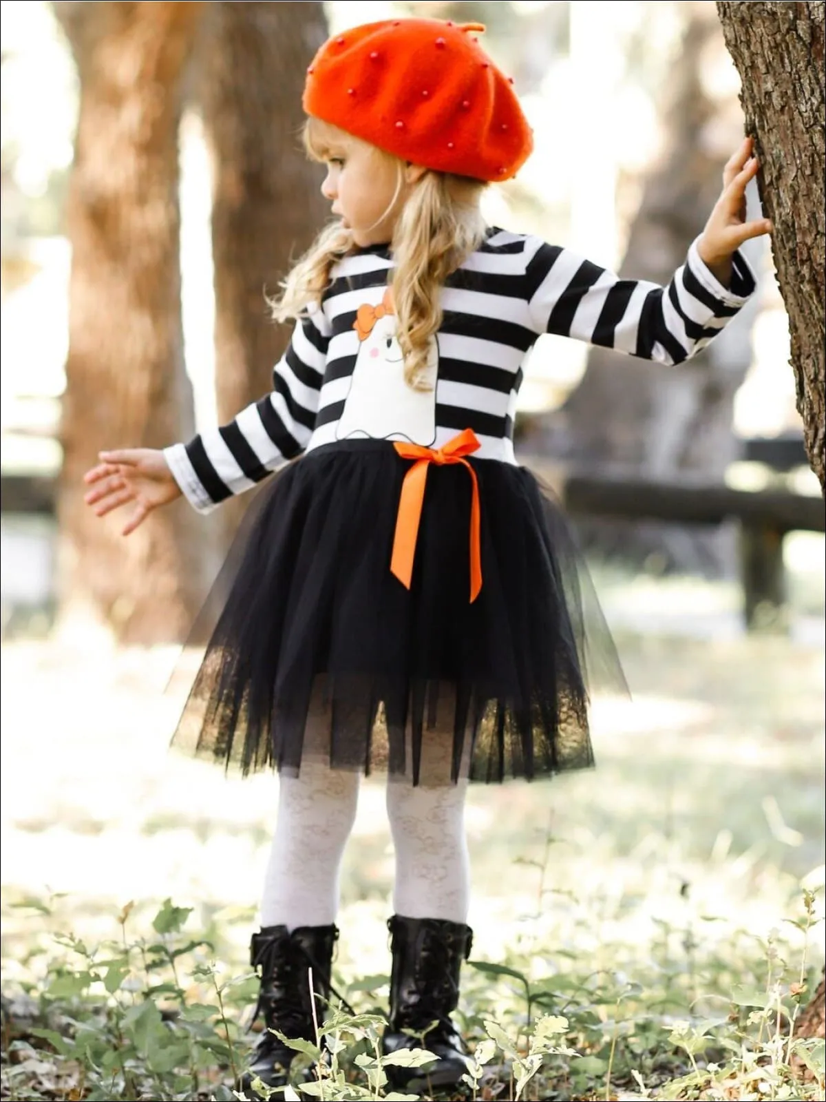 Girls Halloween Themed Long Sleeve Striped Ghost Print Tutu Dress