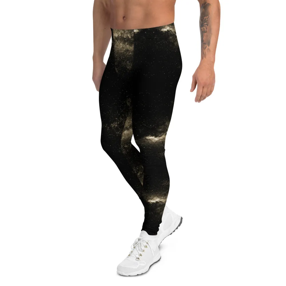 Golden Galaxies Men's Leggings, Black Space Galaxies Premium Meggings Tights-Made in USA/EU