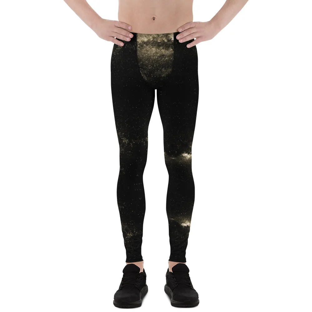 Golden Galaxies Men's Leggings, Black Space Galaxies Premium Meggings Tights-Made in USA/EU