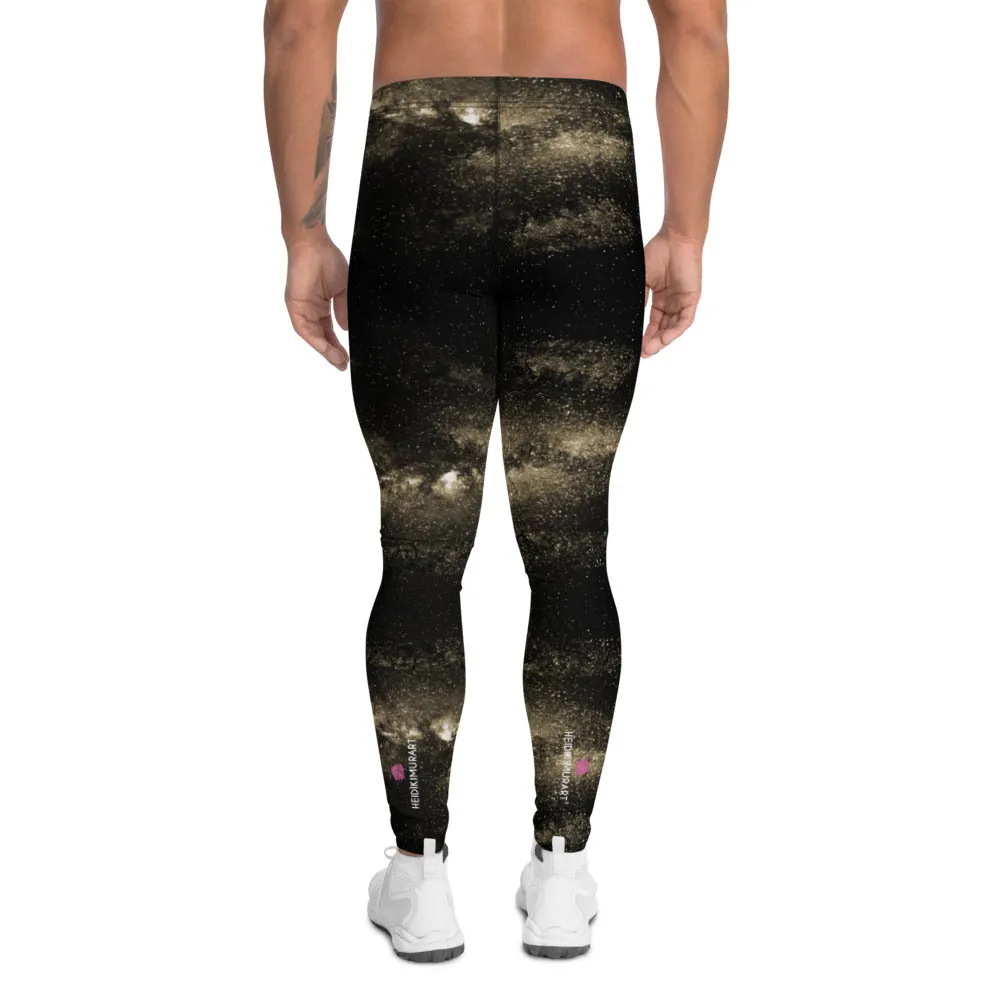 Golden Galaxies Men's Leggings, Black Space Galaxies Premium Meggings Tights-Made in USA/EU