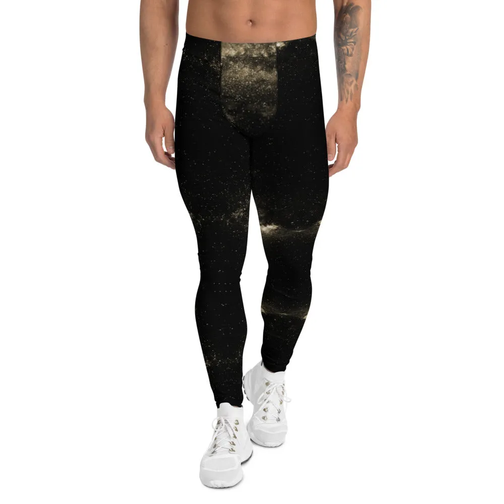 Golden Galaxies Men's Leggings, Black Space Galaxies Premium Meggings Tights-Made in USA/EU