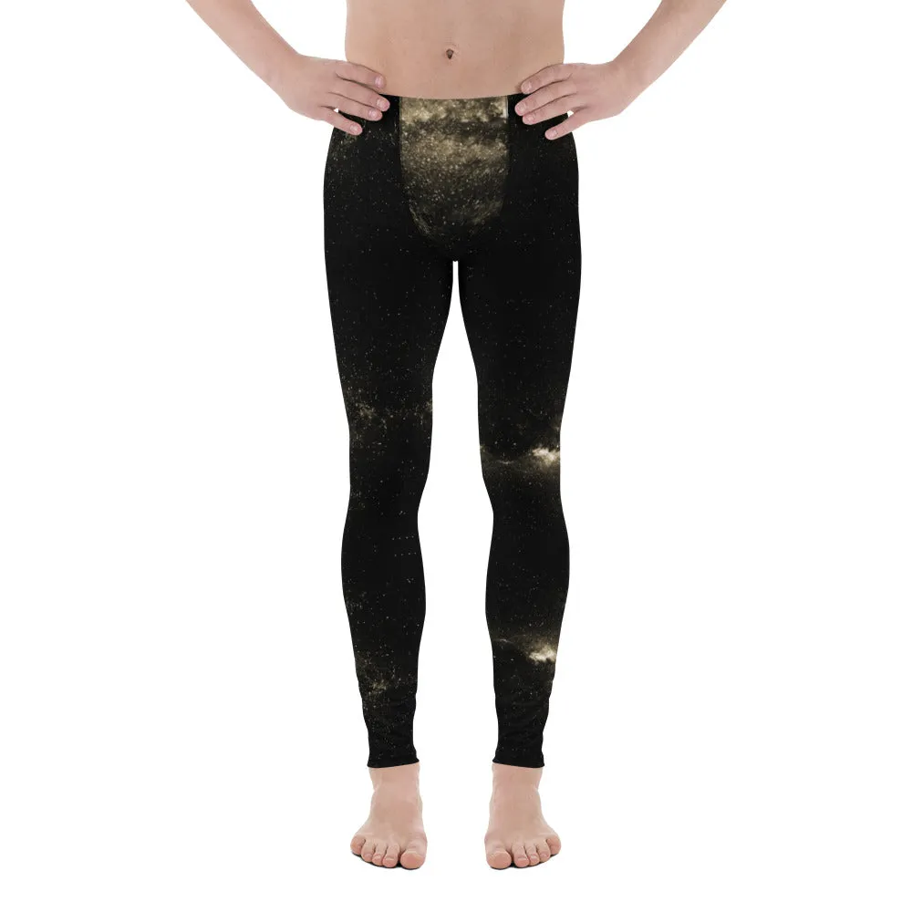 Golden Galaxies Men's Leggings, Black Space Galaxies Premium Meggings Tights-Made in USA/EU