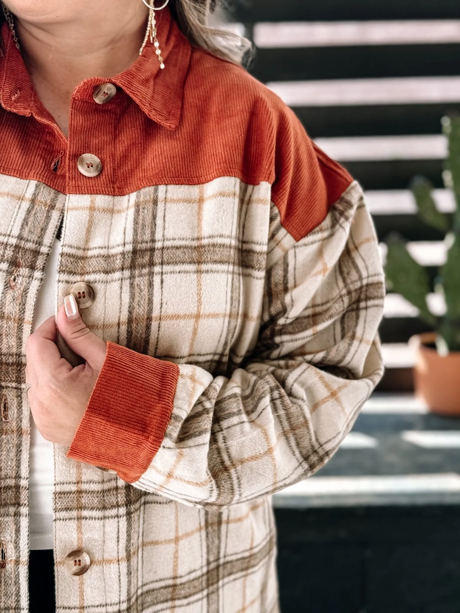 Great Plains Western Boho Corduroy Flannel Shacket, Rust