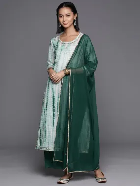 Green & White Cotton Leheriya Print Suit Set with Silk Chiffon Dupatta