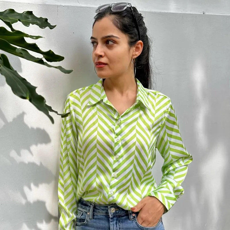 Green & White Geometric Stripes Print Satin Shirt for Women