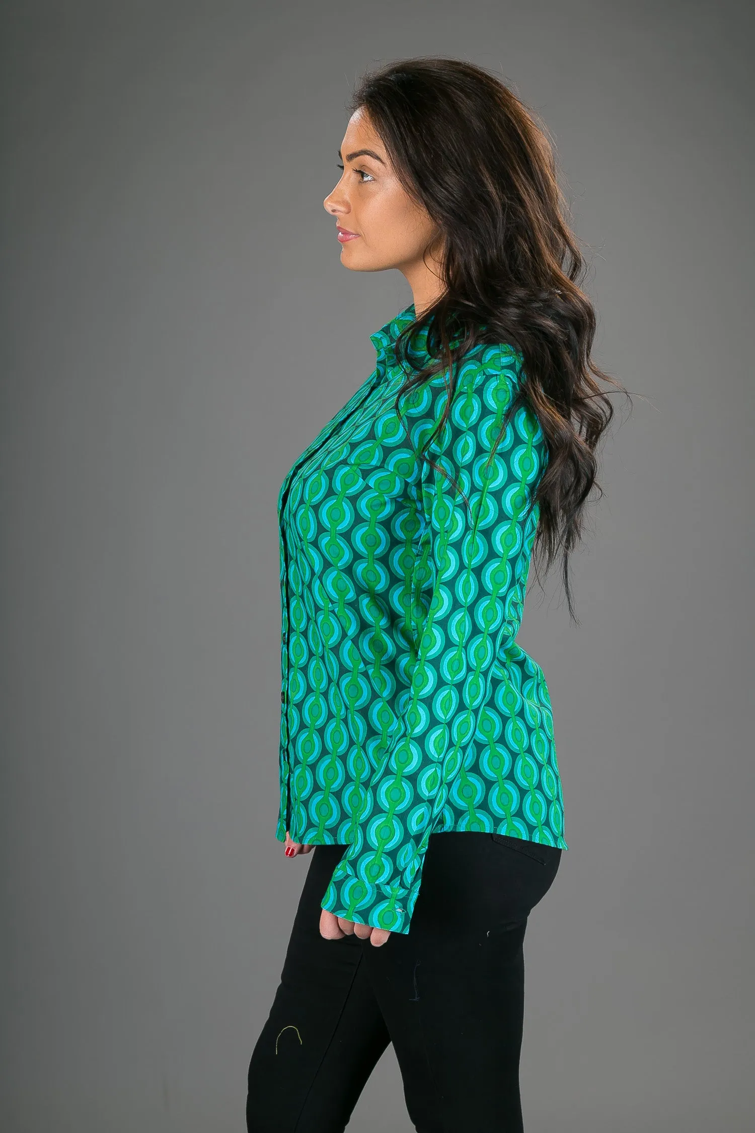 Green Geometric Print Cotton Slim Fit Womens Shirt Long Sleeve