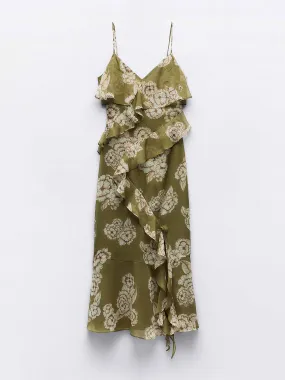 Green ruffled floral print midi dress