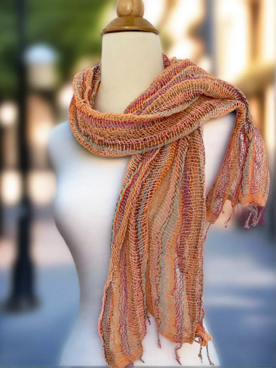 Handwoven Open Weave Cotton Scarf - Multicolor Apricot