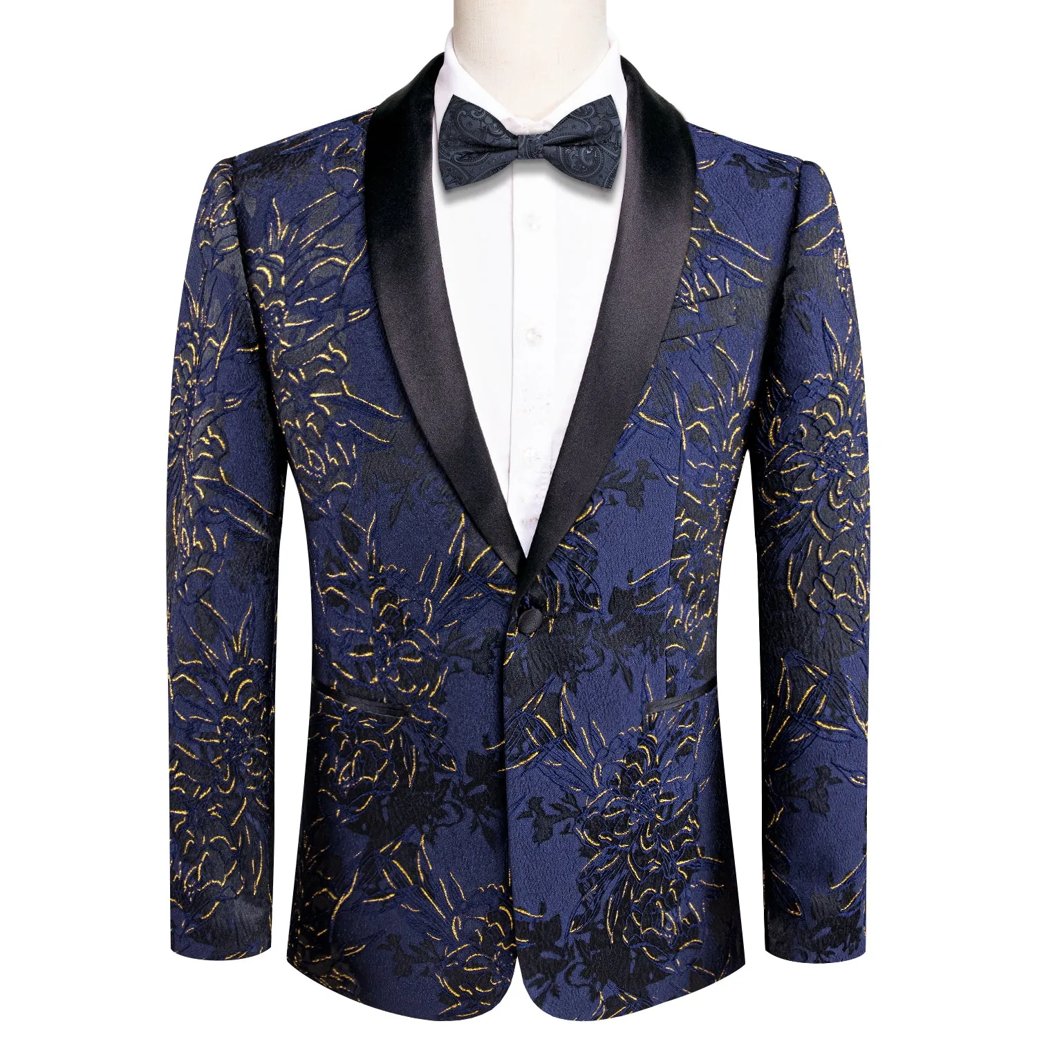 Hi-Tie Black Shawl Lapel Luxury Blue Gold Engraved Men's Suit Set