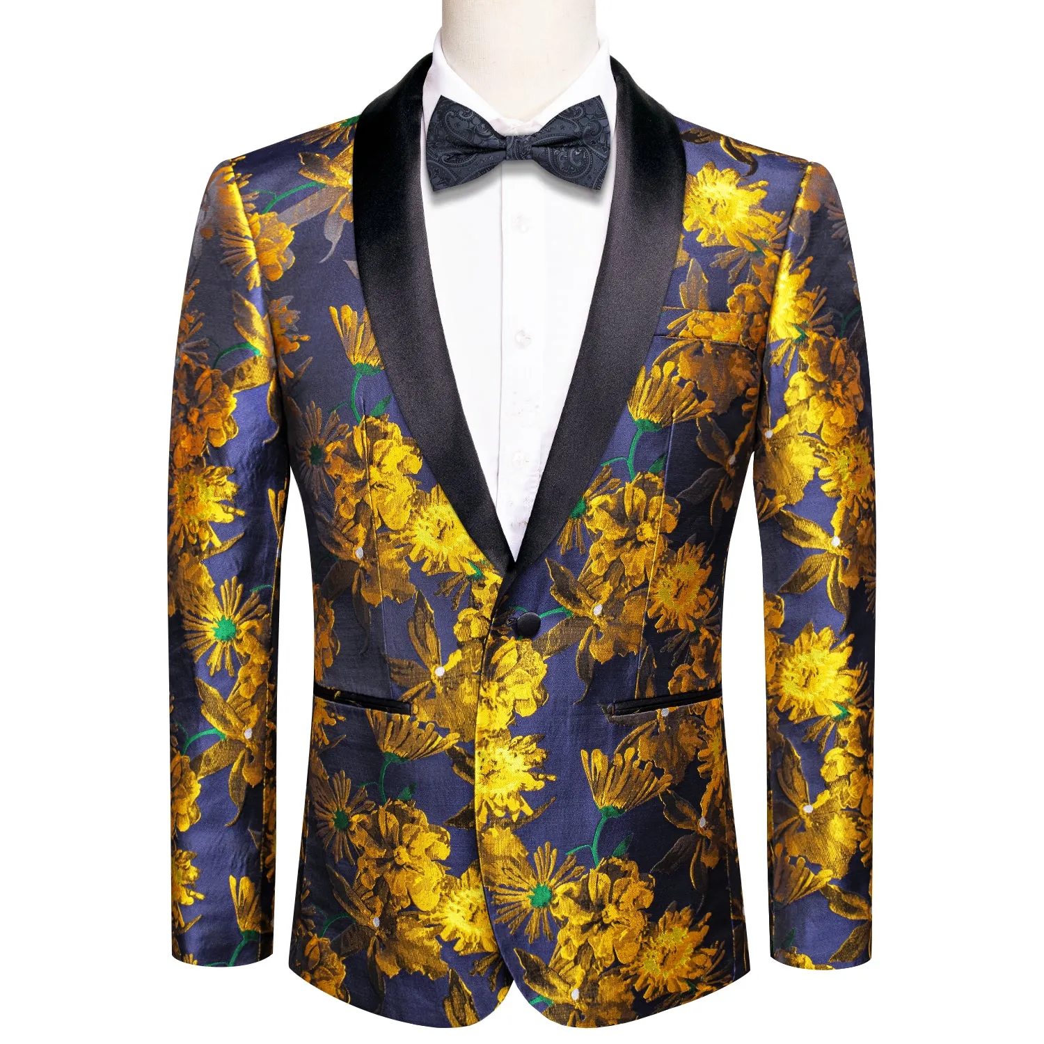 Hi-Tie Luxury Golden Champagne Floral Men's Black Shawl Lapel Suit