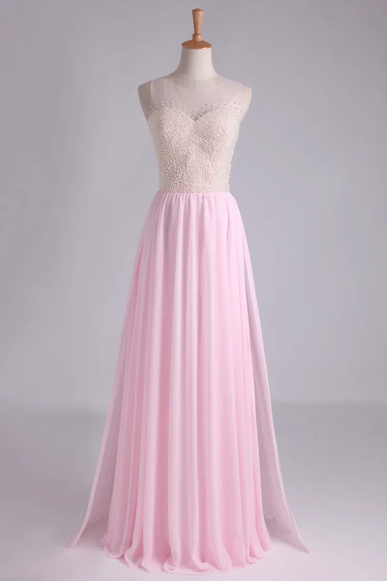 High Neck Beaded Bodice A Line With Layered Flowing Chiffon Skirt Floor Length