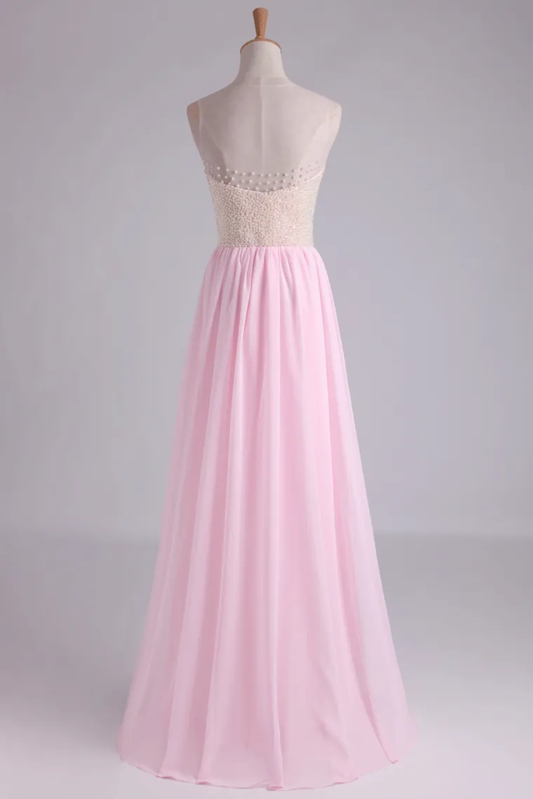 High Neck Beaded Bodice A Line With Layered Flowing Chiffon Skirt Floor Length