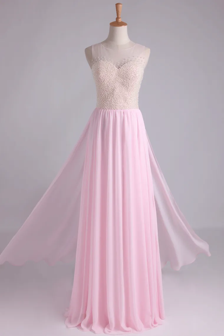 High Neck Beaded Bodice A Line With Layered Flowing Chiffon Skirt Floor Length