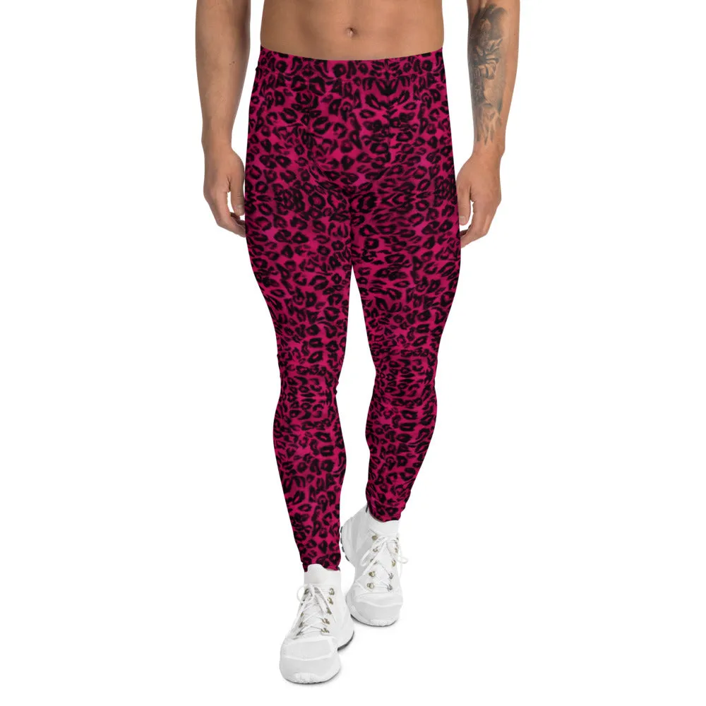 Hot Pink Leopard Men's Leggings, Animal Print Designer Best Meggings-Made in USA/EU/MX