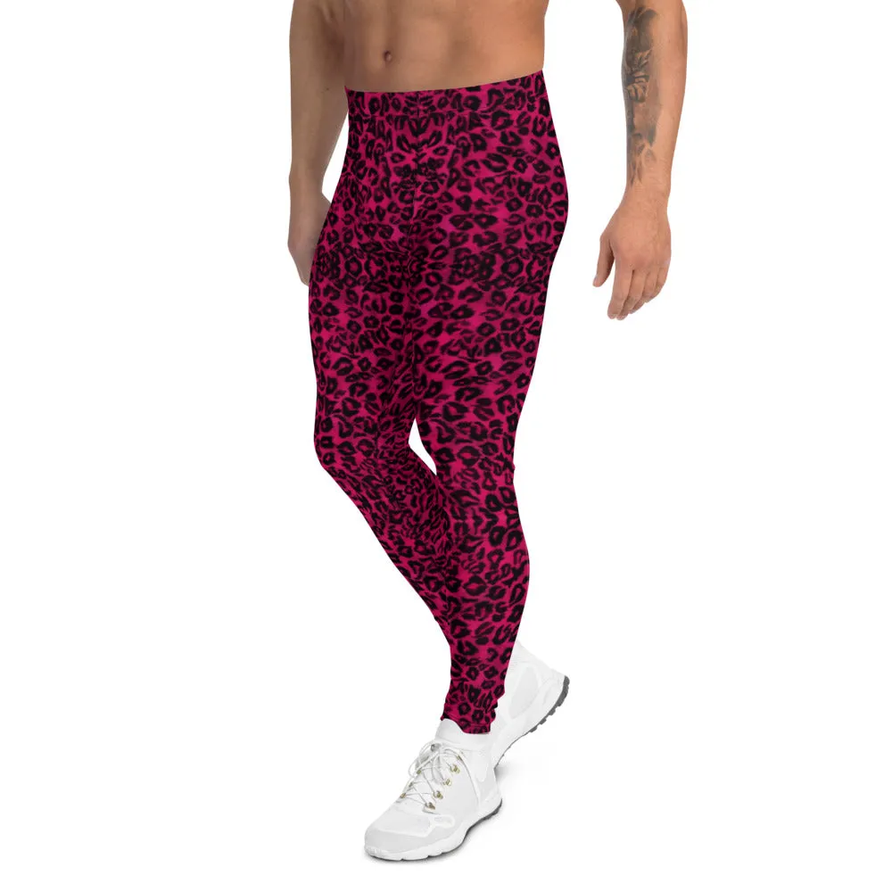 Hot Pink Leopard Men's Leggings, Animal Print Designer Best Meggings-Made in USA/EU/MX