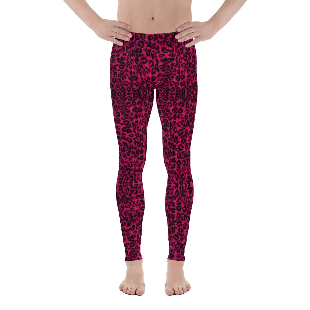 Hot Pink Leopard Men's Leggings, Animal Print Designer Best Meggings-Made in USA/EU/MX