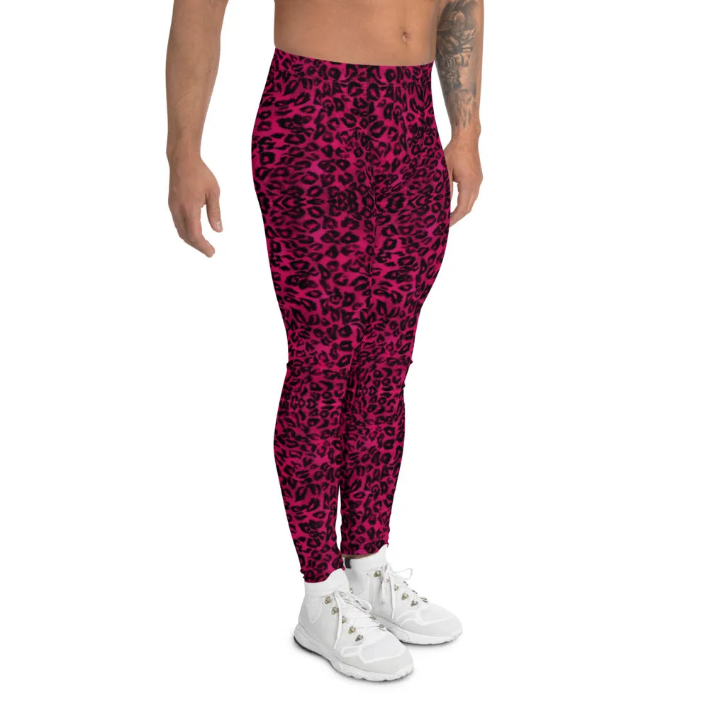 Hot Pink Leopard Men's Leggings, Animal Print Designer Best Meggings-Made in USA/EU/MX