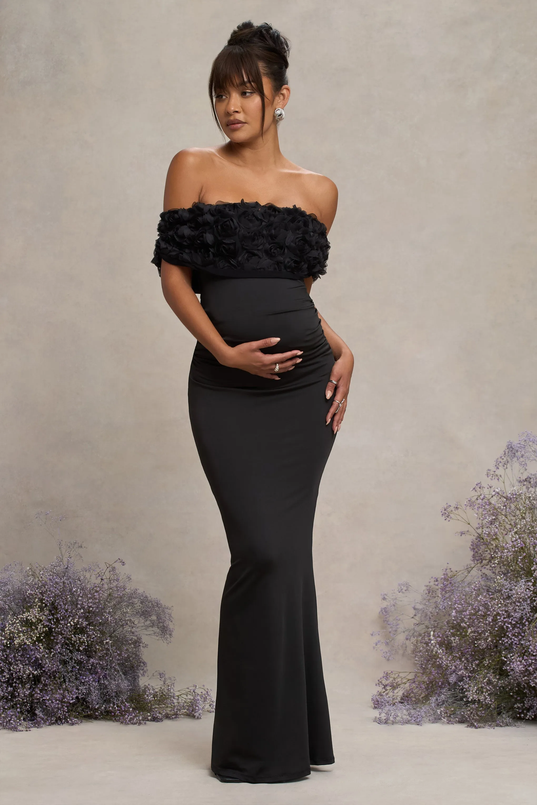 Inflorescence | Black Mesh Floral Bardot Maternity Maxi Dress